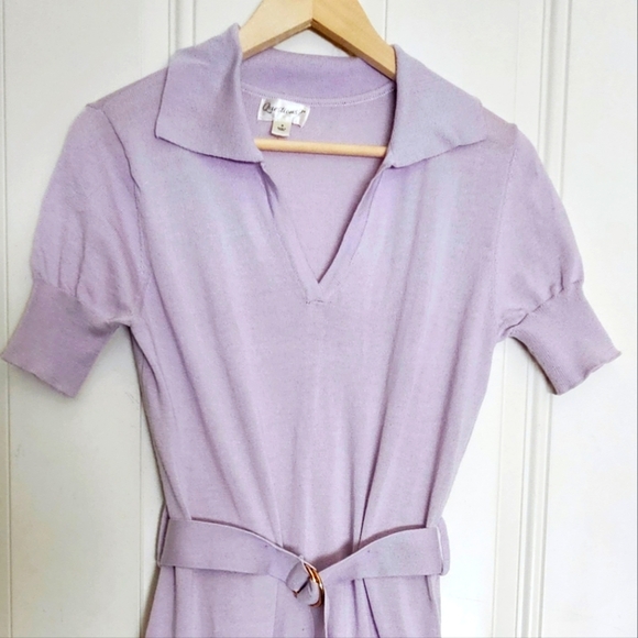 Lilac light purple lavender short sleeves gold tone belt rayon knit dress S - Picture 3 of 12